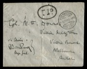 VICTORIA - Postal History: BADEN POWELL SIGNATURE ON VICTORIAN CONTINGENT TO THE BOER WAR COVER: 1900 (Sept.8) taxed cover from CAPETOWN addressed to Major Francis Downes at the Victoria Barracks in Melbourne, endorsed and signed at lower left "ON SERVICE