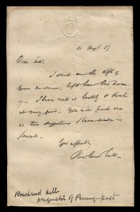 GREAT BRITAIN: ROWLAND HILL SIGNATURE ON POST OFFICE HEADED NOTEPAPER: 1859 (Aug.10) autographed letter sheet to his brother, Frederic Hill, signed "Yours affectionately, Rowland Hill", evidently acknowledging a document which had been left for his attent