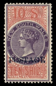 NEW SOUTH WALES: 1894-1904 (SG.278) 10/- violet & claret, fresh Mint; nibbed perf at left. Cat.£500.