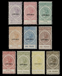 SOUTH AUSTRALIA: 1886-96 (SG.195s-203s, 206s) "Postage & Revenue" 2/6 - £4 Specimen overprints plus the £10 bronze similarly overprinted. (10). unusually fine and fresh with o.g.