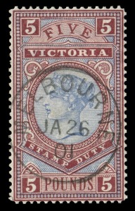 VICTORIA: 1886-96 (SG.324) £5 pale blue & maroon, VFU with Jan.1901 cds.