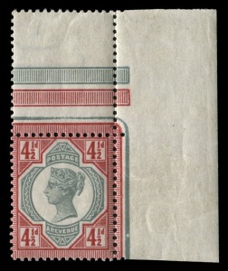GREAT BRITAIN: 1887-92 (SG.206a, Spec.K34(3)) 4½d green & deep bright carmine, superb MUH corner example. Cat.£1000+ Provenance: Argyll Etkin Auction - October 2013, Lot 514.
