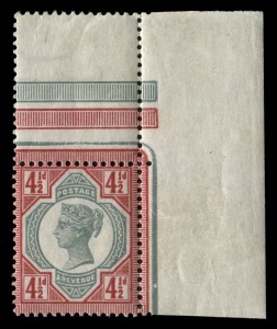 GREAT BRITAIN: 1887-92 (SG.206a, Spec.K34(3)) 4½d green & deep bright carmine, superb MUH corner example. Cat.£1000+ Provenance: Argyll Etkin Auction - October 2013, Lot 514.