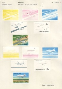 SAMOA: 1973 AIRCRAFT & AIRPORT issue: Courvoisier's original colour separations and the completed designs; all imperforate and affixed to their official archival album pages [#1330 & 1331] dated 12/12/1972. UNIQUE. (24 items).