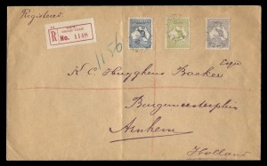 July 1922 registered cover from GROSE VALE, N.S.W. to HOLLAND, with 2½d Indigo, 3d Olive (Die 2) and 6d Violet-Blue (Die 2B) tied by individual cds's; RICHMOND and REGISTERED backstamps.