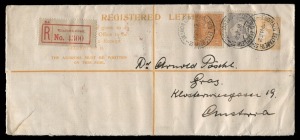 1913 4d Kangaroo, Long Envelope (BW:RE2) uprated with 2d Orange KGV + 6d Grey-Blue Kangaroo for June 1921 despatch from Elizabeth St., Melbourne to GRAZ, Austria with London transit b/s. A fine usage of a scarce Envelope. Cat.$400+.