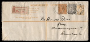 1913 4d Kangaroo, Long Envelope (BW:RE2) uprated with 2d Orange KGV + 6d Grey-Blue Kangaroo for June 1921 despatch from Elizabeth St., Melbourne to GRAZ, Austria with London transit b/s. A fine usage of a scarce Envelope. Cat.$400+.