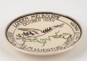 THE LONDON to MELBOURNE, MacROBERTSON CENTENARY AIR RACE 1934: Porcelain hanging plaque by Koninklyk Goedewaagen Gouda (and numbered "143" on reverse), 18.5cm diameter; depicting a stork (Uiver in Dutch) carrying passengers and mail over the route from Lo - 3