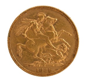 1881 Sovereign, Young head, St. George reverse, Melbourne, VF+.