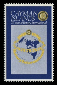 CAYMAN ISLANDS: 1980 Rotary 50c variety with black omitted (denomination & royal cypher). Fresh mint unhinged, SG 499a. Cat. £750. Together with a complete normal set . (4).  