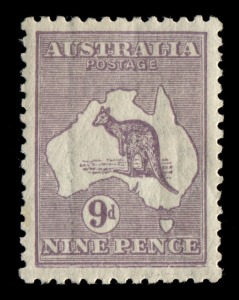 Kangaroos - Third Watermark: 9d Pale Violet (Die 2B), superbly centred single with variety "Broken shading over second E of PENCE" [4L12]; MUH.