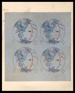 Aerophilately & Flight Covers: THE LAST FLIGHT OF THE "SOUTHERN CROSS": A complete IMPERFORATE proof sheetlet of four of the round-the-world-route-map vignettes designed by Ernest Crome. (AAMC: 516f). Provenance: From the estate of Ernest Crome.