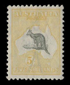 Kangaroos - Third Watermark: 5/- Grey & Pale Yellow, superbly centred and fresh, with varieties [BW:44Vo] "Kangaroo's foot broken and pointed tail" and [BW:44Du] "Break in right frame opposite Cape York, MLH.