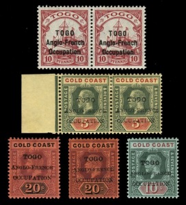 TOGO: ANGLO-FRENCH OCCUPATION: A specialized collection on annotated album pages; noting SG.H3 FU, SG.H4 (2, FU), SG.H5 (FU), SG.H6 (* & FU on piece), SG.H19 (** & FU on piece), SG.28a Mint, SG.H30 (2, FU on piece), SG.H31 (** pair), many singles, blocks 