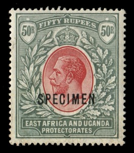 KENYA, UGANDA & TANGANYIKA: EAST AFRICA & UGANDA PROTECTORATES: 1912-21 (SG.61s) KGV 50r rose-red & dull greyish-green, overprinted SPECIMEN. Cat.£300.