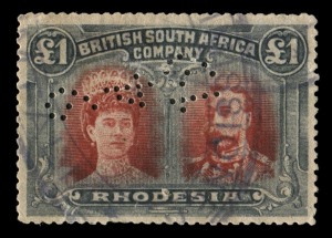 Rhodesia: 1910-13 (SG.179) perf.15 "Double Head" £1 Red & Black, with oval fiscal cancellation; additionally with perfin "9-4-19".