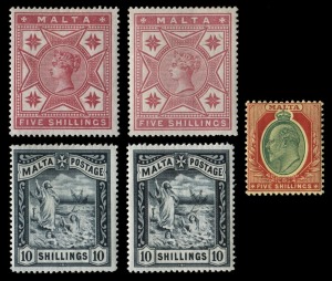 MALTA: 1878 - 1974 range on Hagner pages, including 1885 1/- violet (2), 1886 5/- rose (2), 1899 2/6 and 10/- (2 of each), 1903-4 Edward VII set to 1/-, 1904-14 Edward VII set of 17 to 5/-, 1914 KGV 2/-, 1922 Self Goverment 2/- & 5/- KGV, 1938-43 Pictoria