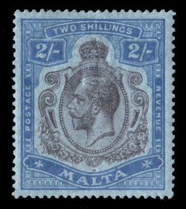 MALTA: 1921-22 (SG.103f) Multiple Script CA, KGV 2/- purple & blue (on blue) with variety "Damaged leaf at bottom right", very well centred Mint. Cat.£400.