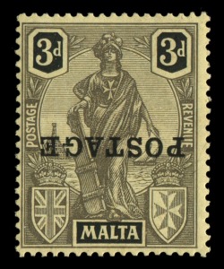 MALTA: 1926 (SG.149a) 3d black on yellow with variety "POSTAGE" overprint inverted, MLH.