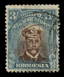 Rhodesia: 1917-20 (SG.255L) 3/- (Head Die 111A) chocolate & deep dull blue, attractive Used example, Cat.£500.