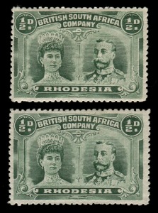 Rhodesia: 1910-13 (SG.182a) perf.13½ Double Head, green, (2) Mint. Cat.£600.