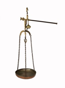 Antique Indo-Persian brass and copper bar balance scales, 19th century, 150cm high