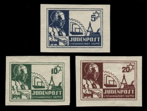 GERMANY: LODZ/LITZMANNSTADT GHETTO POST: March 1944 (Mi.III-V) 5pf, 10pf & 20pf Rumkowski with industrial equipment and the star of David, (3). All with Winiarski authentication.