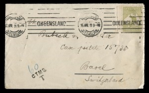 Kangaroos - Third Watermark: April 1921 usage of 3d Yellow-Olive Die 2, on small taxed cover from BRISBANE to BASEL, SwitzerlandAlso with 60 CTMS Tax Marking, probaly due to weight. Cancelled by Brisbane machine cancel of 16.APR.21. BW: $550.