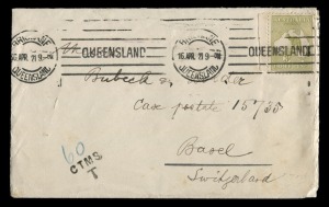 Kangaroos - Third Watermark: April 1921 usage of 3d Yellow-Olive Die 2, on small taxed cover from BRISBANE to BASEL, SwitzerlandAlso with 60 CTMS Tax Marking, probaly due to weight. Cancelled by Brisbane machine cancel of 16.APR.21. BW: $550.