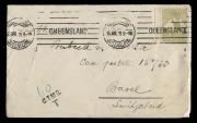 Kangaroos - Third Watermark: April 1921 usage of&nbsp;3d Yellow-Olive Die 2, on small taxed cover from BRISBANE to BASEL, SwitzerlandAlso with 60 CTMS Tax Marking, probaly due to weight. Cancelled by Brisbane machine cancel of 16.APR.21. BW: $550.
