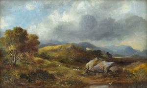 ARTIST UNKNOWN, (mountain landscape), oil on card, 19 x 31cm, 35 x 47cm overall