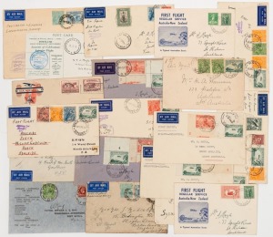 Aerophilately & Flight Covers: 1933-40 group incl. 1934 MacRobertson Race cover (AAMC.438) signed by Kay; 1934 Melbourne-Portland Autogiro Flight postcard (AAMC.461); 1936 (Oct.2) Adelaide-Renmark group (4) each with a 3d Airmail Pl.4 single (plus 2d); 1940 TEAL Australia-NZ Regular Service FF (3, one reg'd, AAMC.899); also 1931 Australia-England & 1934 Australia-New Guinea flights plus 1934 Adelaide to USA incorporating Australia-London "First Contract Flight" franked with 1/6d Hermes & 9d Maca