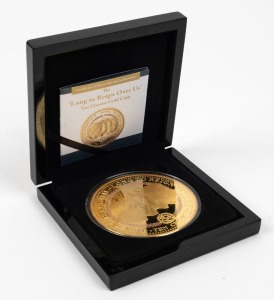 TRISTAN DA CUNHA:2015 Ten Crowns "Long to reign over us" 89mm proof coin layered in 24ct gold with special privy mark; in case of issue with COA, #360 from an edition of just 499.