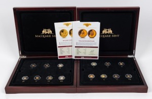 Macquarie Mint: The Smallest Gold Coins of the World Collection: Eighteen different 14-carat gold coins, issued on behalf of various countries and commemorating the Statue of Liberty, Shakespeare, Martin Luther King, Ned Kelly, Don Bradman, Mozart, the Zeppelin, HMS Bounty, etc. Attractively presented in two custom-designed boxes and accompanied by original documentation.