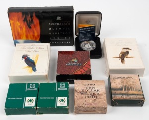 1988 $10 Bicentennial silver Proofs (x2); 1989 $10 Sulphur Crested Cockatoo Proof; 1989 $10 Queensland Proof; 1993 $10 Palm Cockatoo Proof; 1994-96 $10 Olympic Heritage Series set of 6 Silver Proofs; 1995 $1 Waltzing Matilda Proof; 2007 $1 Rolf Harris silver Proof; 2009 $1 Dolphin 1oz silver proof in case of issue; (Total: 14 coins).