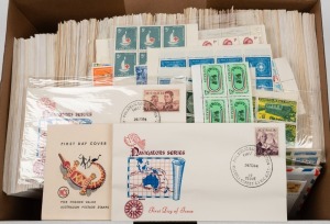 A mainly 1950s - 1965 accumulation of (mainly) unaddressed FDCs including many Post Office Officials; issues noted include 10/- & £1 Navigators; accompanied by a quantity of the stamps to 2/3, mainly in blocks, MUH. (qty).