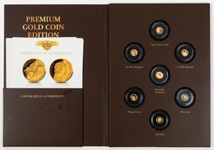 Cook Islands: THE SMALLEST GOLD COINS OF THE WORLD: Premium Gold Coin collection comprising of 2015 $1 Magna Carta, 2015 $1 Sir John Monash, 2016 $1 James Cook, 2016 $1 Sir Don Bradman, 2017 $1 Ned Kelly, plus Australia 2018 $2 Kangaroo and 2017 Solomon Islands $1 Phar Lap, all seven coins in Proof condition 0.5grams .585 gold. Six with Macquarie Mint CofAs.
