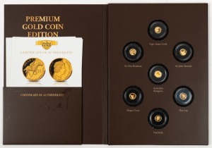 Cook Islands: THE SMALLEST GOLD COINS OF THE WORLD: Premium Gold Coin collection comprising of 2015 $1 Magna Carta, 2015 $1 Sir John Monash, 2016 $1 James Cook, 2016 $1 Sir Don Bradman, 2017 $1 Ned Kelly, plus Australia 2018 $2 Kangaroo and 2017 Solomon I