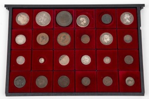 Great Britain: A tray of coins including an 1818 Crown, 1689,1709, and 1817 Half Crowns (2), 1711, 1723 and 1817 Shillings, 1757 Sixpences (2), a 1797 "Cartwheel" Twopence, and several other lower denomination coins. Mixed condition, (24).