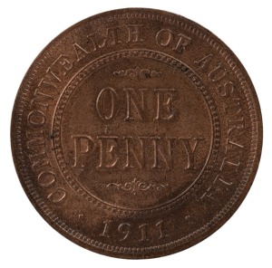 GEORGE V, 1911 Penny, uncirculated; a pleasant coin.