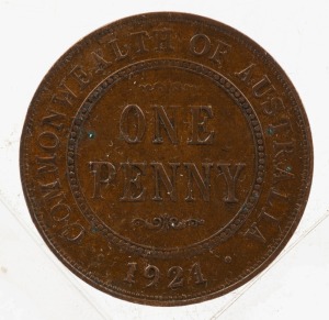 GEORGE V, 1921 Penny, doubling of obverse die, about uncirculated.