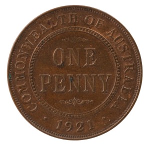 GEORGE V, 1921 Penny, uncirculated; mostly brown but with nice surfaces.