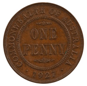 GEORGE V, 1927 Penny, brown uncirculated.