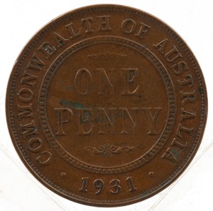 GEORGE V, 1931 Penny, Indian obverse, aligned 1; VF.