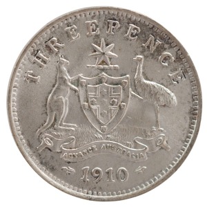 EDWARD VII, 1910 Threepence, hairline, else choice uncirculated.