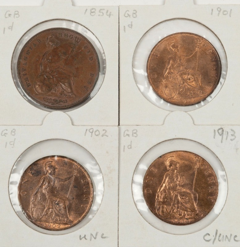 Great Britain: PENNIES: 1854, 1901, 1902, and 1913, EF-Unc. (4).