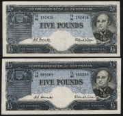 FIVE POUNDS, 1954 (R.49) Coombs/Wilson Commonwealth Bank TA/44; plus 1960 (R.50) Coombs/Wilson Reserve Bank TB/96, (2); VF/EF.