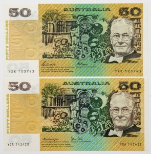 FIFTY DOLLARS, Knight/Stone (1979) (R.507) (1); and Phillips/Fraser (1989) (R.511) (1); both Uncirculated. (2)