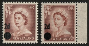 NEW ZEALAND: 1958 (SG.763b) 2d Surcharge error, plus normal for comparison, (2) superb MUH.