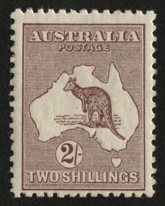 Kangaroos - Third Watermark: 2/- Maroon, MUH but with evenly tropicalized gum.